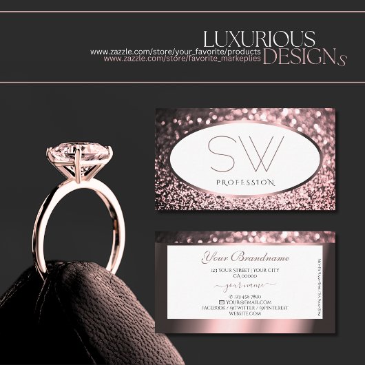 Noble Roos Roze en Wit Sparkle Glitter Monogram Visitekaartje