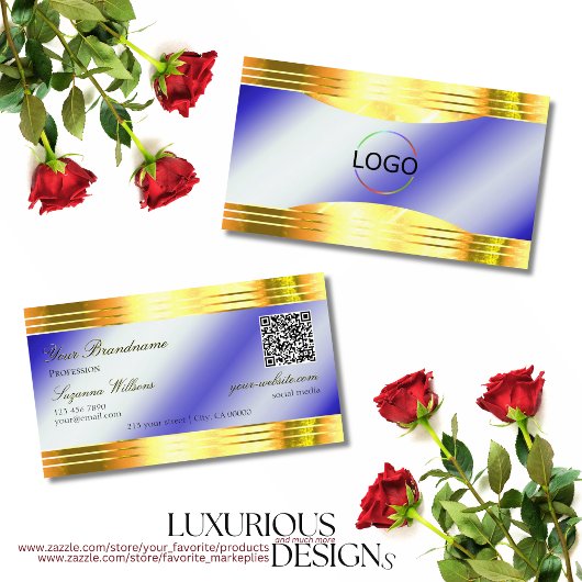Noble Royal Blue Shiny Gold Borders Logo QR-code Visitekaartje