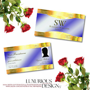 Noble Royal Blue Shiny Gold Borders Monogram Foto Visitekaartje