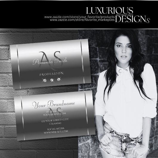 Noble Shimmery Silver Sparkle Diamonds Initialen Visitekaartje