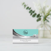 Noble Silver Blauwgroen met Logo en mousserend Dia Visitekaartje (Staand voorkant)