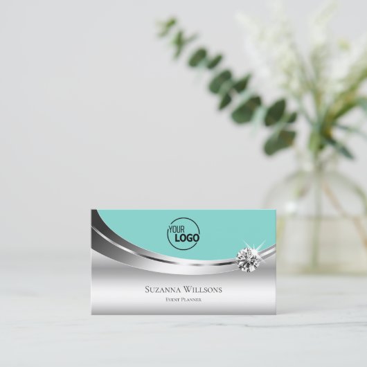 Noble Silver Blauwgroen met Logo en mousserend Dia Visitekaartje (Staand voorkant)