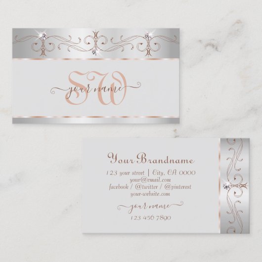 Noble Silver Roos  Sparkle Diamonds Monogram Visitekaartje (Voorkant / Achterkant)
