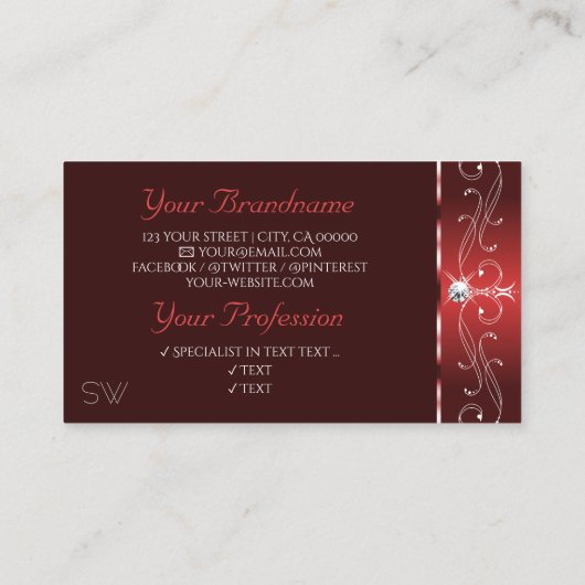 Noble Wine Red Squiggles Sparkle Diamonds Initiale Visitekaartje (Achterkant)