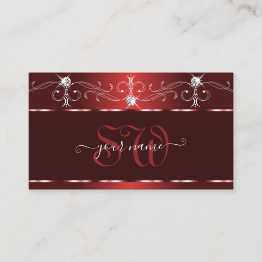 Noble Wine Red Squiggles Sparkle Diamonds Monogram Visitekaartje (Voorkant)