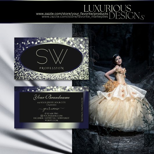 Noble Zwart Blauw Zilver Sparkle Glitter Monogram Visitekaartje