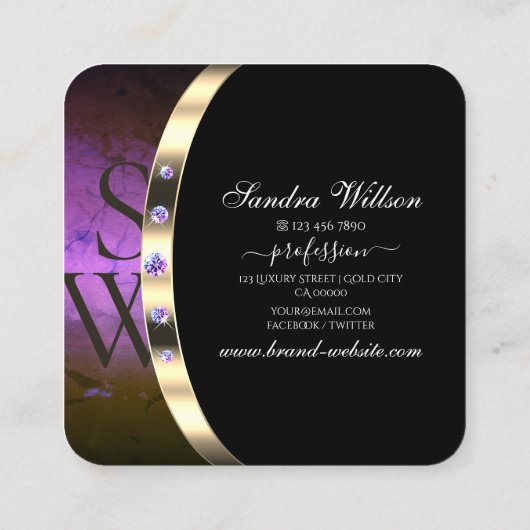 Noble Zwart Goud Paarse Marmeren Initialen Diamant Vierkante Visitekaartje (Achterkant)
