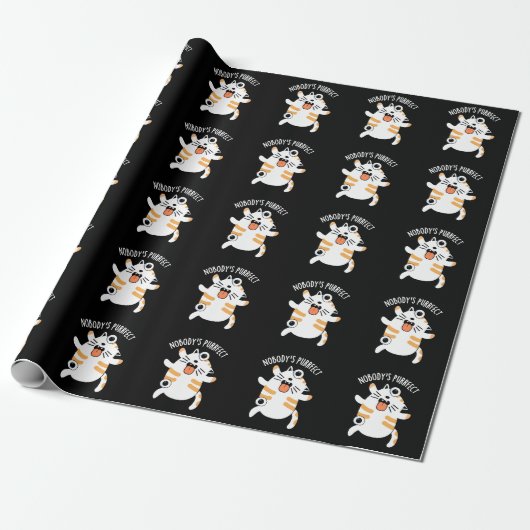 Nobody's Purfect Funny Cat Pun Dark BG Cadeaupapier (Uitgerold)