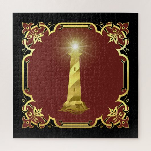 Nochtans-vuurtoren: silhouet/goud/zwart/rood legpuzzel (Verticaal)
