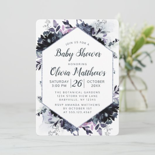 Nocturnal Bloemen Navy Blauw & Grijs Baby Meisje D Kaart (Staand voorkant)