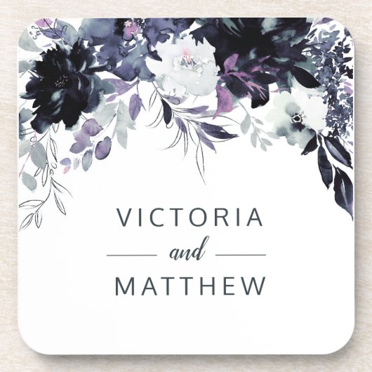 Nocturnal Floral Framed Navy Blue Wedding Monogram Bier Onderzetter (Voorkant)