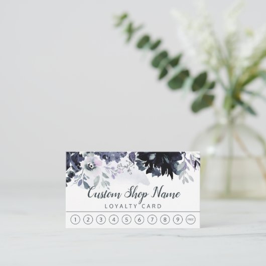 Nocturnal Floral Navy Blue Custom Text Business Klantenkaartje (Staand voorkant)