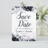Nocturnal Floral Navy Dusty Blue Brush Strokes Save The Date (Staand voorkant)