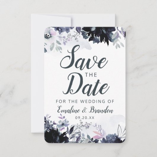 Nocturnal Floral Navy Dusty Blue Brush Strokes Save The Date (Voorkant)