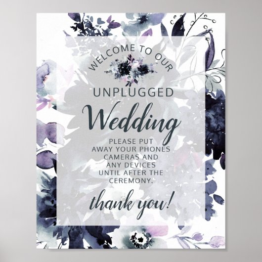 Nocturnal Floral Navy Unplugged Wedding Table Sign Poster (Voorkant)