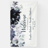 Nocturnal Floral Navy Waterverf Bruiloft Welkom Spandoek (Verticaal)