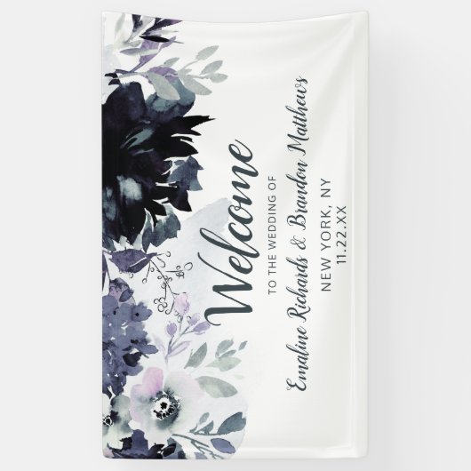 Nocturnal Floral Navy Waterverf Bruiloft Welkom Spandoek (Verticaal)