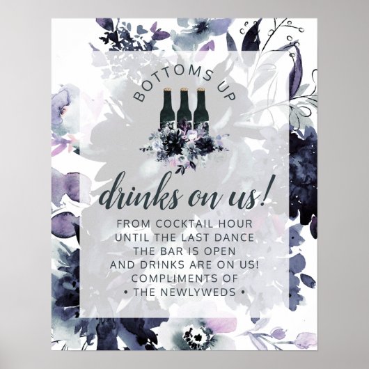 Nocturnal Floral Navy Wedding Open Bar Teken Poster (Voorkant)