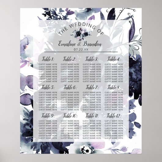 Nocturnal Floral Navy Wedding Table Seating Chart Poster (Voorkant)
