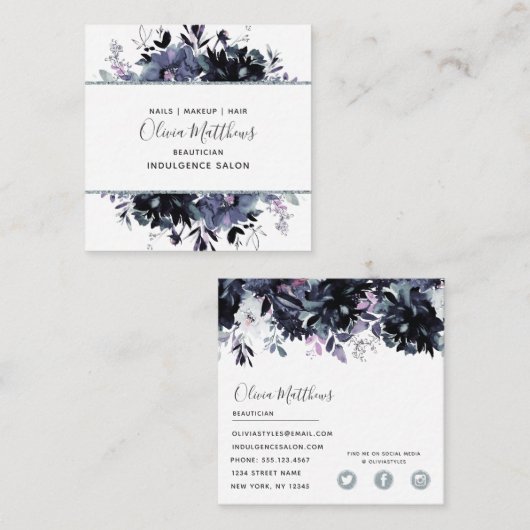 Nocturnal Floral Waterverf Navy Blue Gray omwoeld Vierkante Visitekaartje (Voorkant / Achterkant)