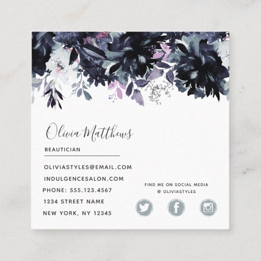 Nocturnal Floral Waterverf Navy Blue Gray omwoeld Vierkante Visitekaartje (Achterkant)