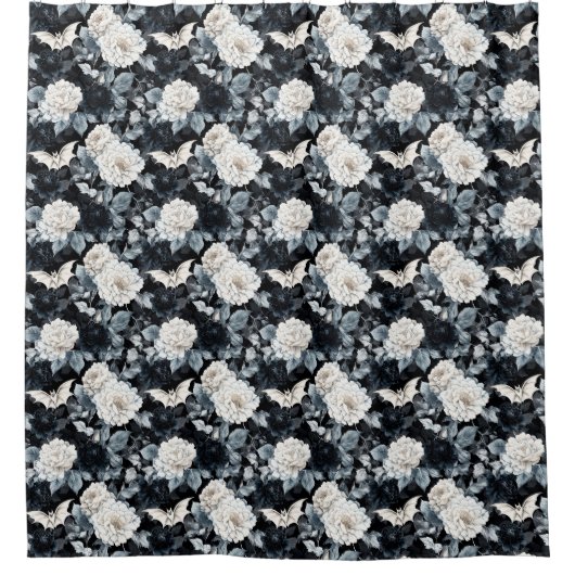 Nocturne Bloom – Vleermuizen en bloesems in monoch Douchegordijn (Voorkant)