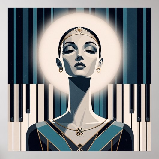 Nocturne in Teal: Art Deco Piano Portrait  Poster (Voorkant)