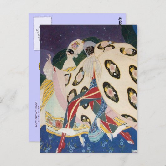 NOCTURNE MET MASKS/Art Deco Venetian Masquerade Briefkaart (Voorkant / Achterkant)