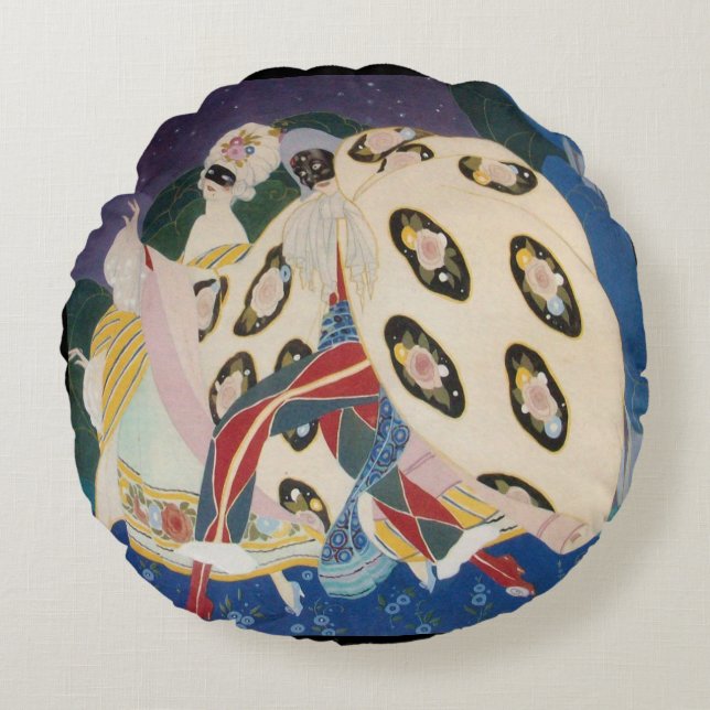 NOCTURNE MET MASKS/Art Deco Venetian Masquerade Rond Kussen (Voorkant)