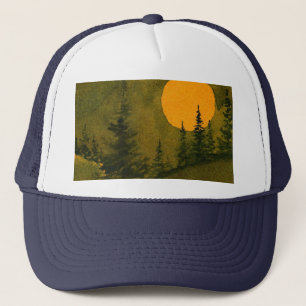 Nocturnvolle maan achter een rij dennenbomen trucker pet