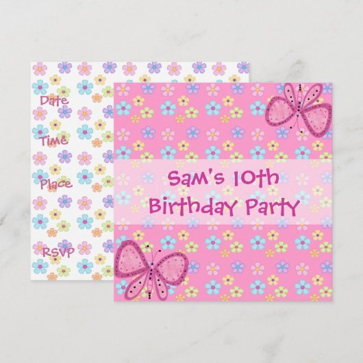 Nodig 10e Verjaardag Bloemen Roze Vlinder uit Kaart (Voorkant / Achterkant)