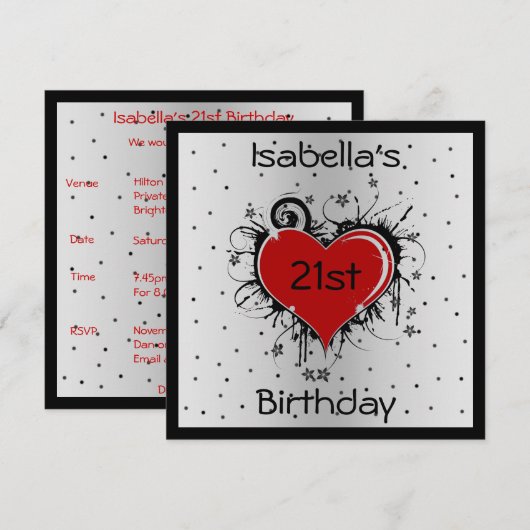 Nodig 21e verjaardag Red Heart uit op Black & Whit Kaart (Voorkant / Achterkant)