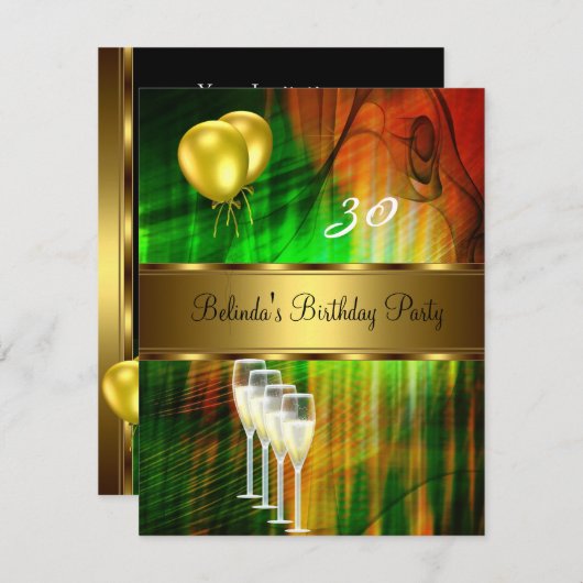 Nodig 30e verjaardag Groene Gele Balloons uit Kaart (Voorkant / Achterkant)