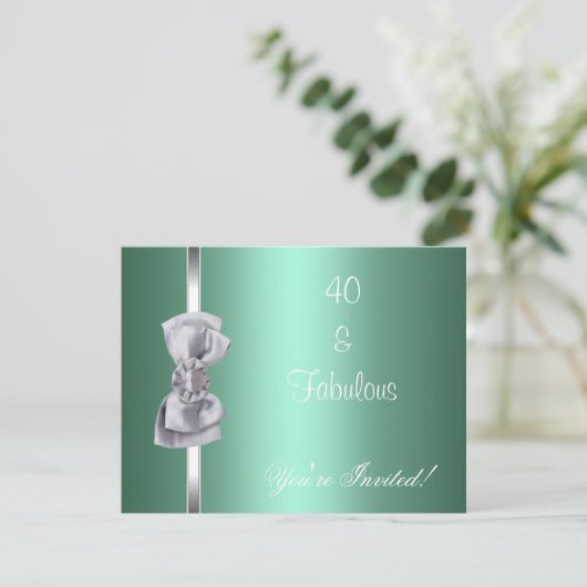Nodig 40th Party Mint Silver Bow Fabulous uit Kaart (Staand voorkant)