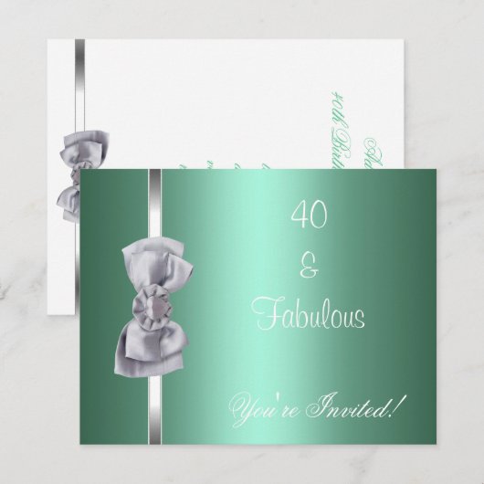 Nodig 40th Party Mint Silver Bow Fabulous uit Kaart (Voorkant / Achterkant)