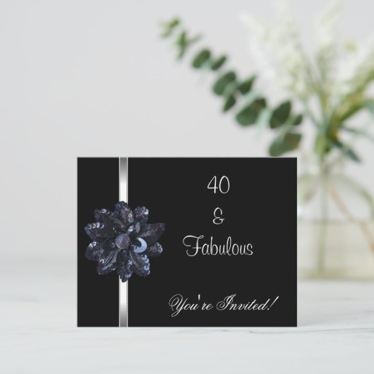 Nodig de Zwarte Sequin Flower Fabulous 40th uit va Kaart (Staand voorkant)
