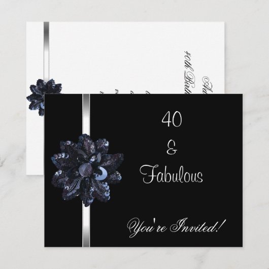 Nodig de Zwarte Sequin Flower Fabulous 40th uit va Kaart (Voorkant / Achterkant)