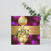Nodig kerstfeest gouden ballen Paarse roze Kaart (Staand voorkant)