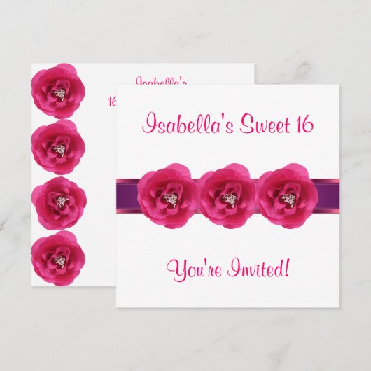 Nodig Party White Pink Flower Sweet 16 uit Kaart (Voorkant / Achterkant)