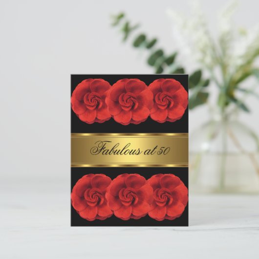 Nodig Red Flowers Black Gold Fabulous 50th Kaart (Staand voorkant)