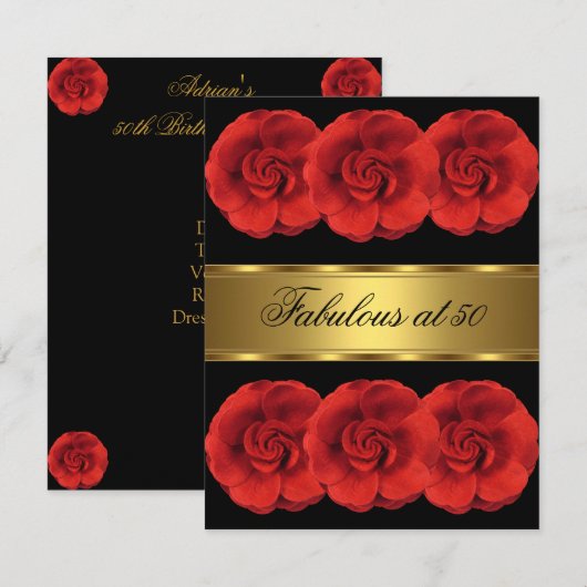 Nodig Red Flowers Black Gold Fabulous 50th Kaart (Voorkant / Achterkant)