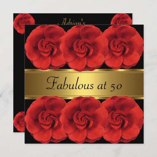 Nodig Red Flowers Black Gold Fabulous 50th Kaart (Voorkant / Achterkant)