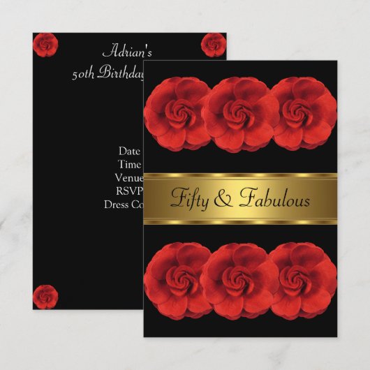 Nodig Red Flowers Black Gold Fabulous 50th Kaart (Voorkant / Achterkant)