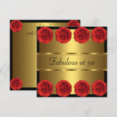 Nodig Red Flowers Black Gold Fabulous 50th Kaart (Voorkant / Achterkant)