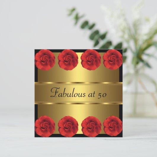 Nodig Red Flowers Black Gold Fabulous 50th Kaart (Staand voorkant)
