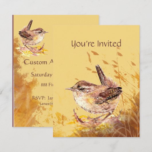 Nodig Waterverf Huis Wren Bird Verjaardagsfeest ui Kaart (Voorkant / Achterkant)