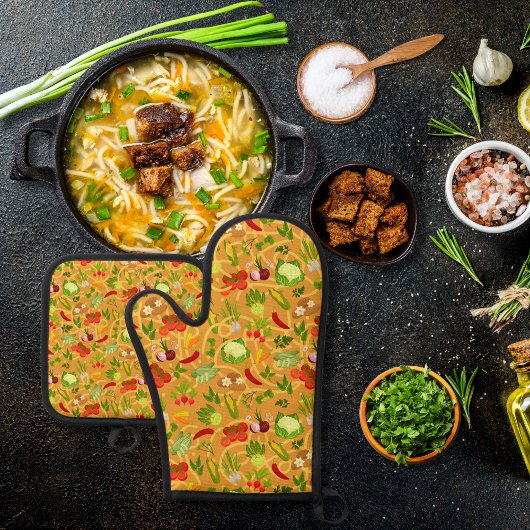 Noedels en kleurrijke groentes sinaasappel ovenwant & pannenlap set