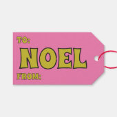 Noel 1970s Retro Lettering Roze en Limoen Kerst Cadeaulabel (Voorkant (Horizontaal))