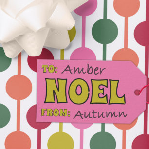 Noel 1970s Retro Lettering Roze en Limoen Kerst Cadeaulabel