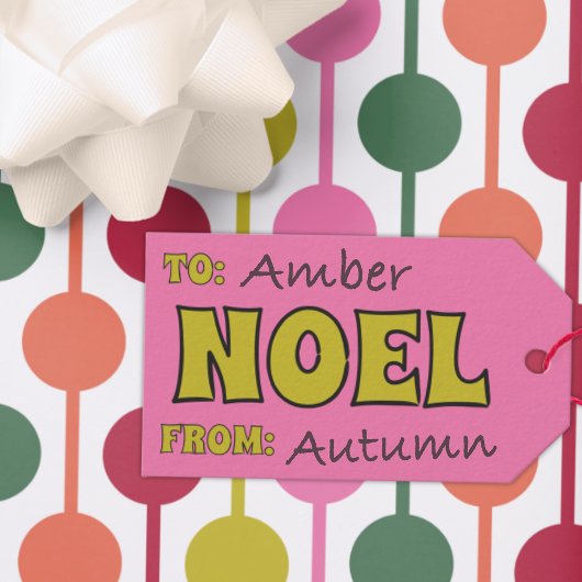 Noel 1970s Retro Lettering Roze en Limoen Kerst Cadeaulabel